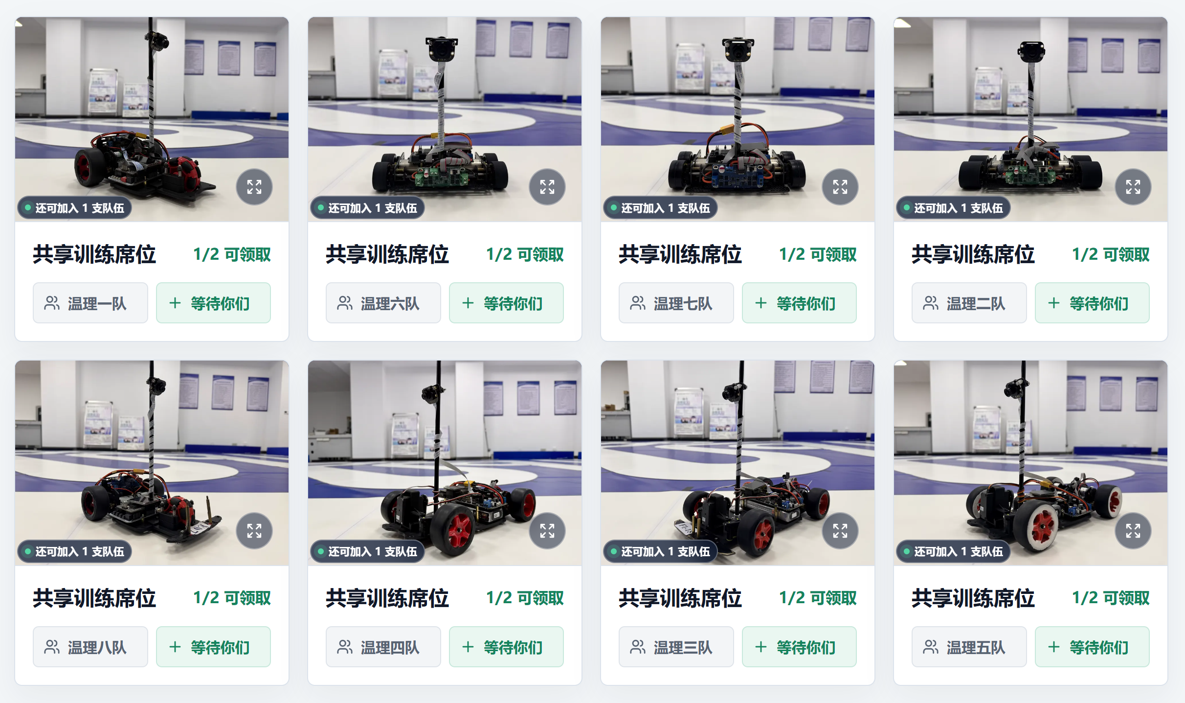 八辆车模当前的共享训练席位及已领取队伍